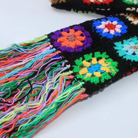 Black & Multicolor Granny Square Crochet Scarf - Picture 12 of 13